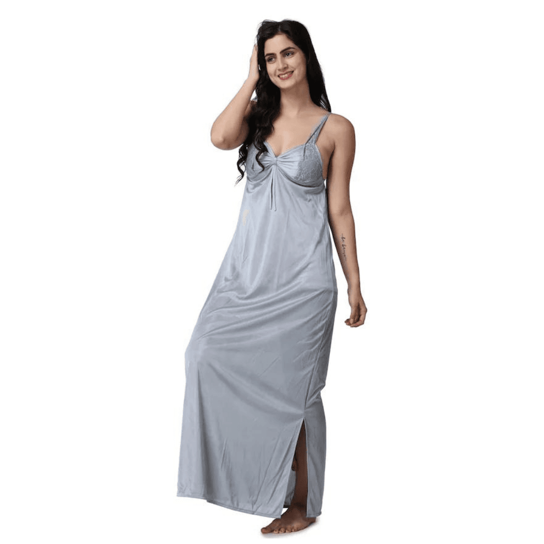 Silk Bridal Nightgown Set Stylish Fancy Bridal Nighty Set For Women Free Size Grey Color (3 set) 4