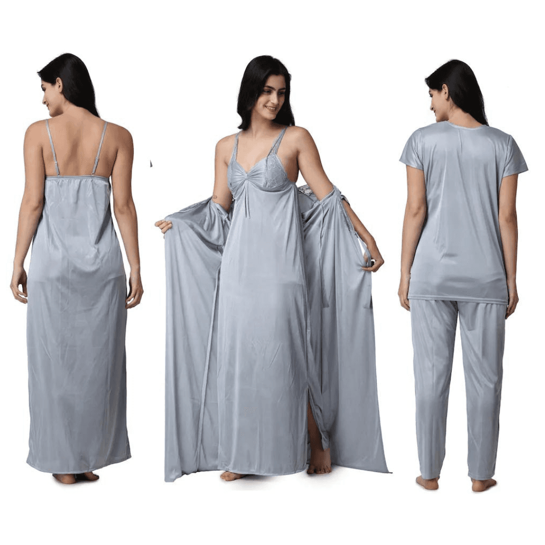 Silk Bridal Nightgown Set Stylish Fancy Bridal Nighty Set For Women Free Size Grey Color (3 set) 1