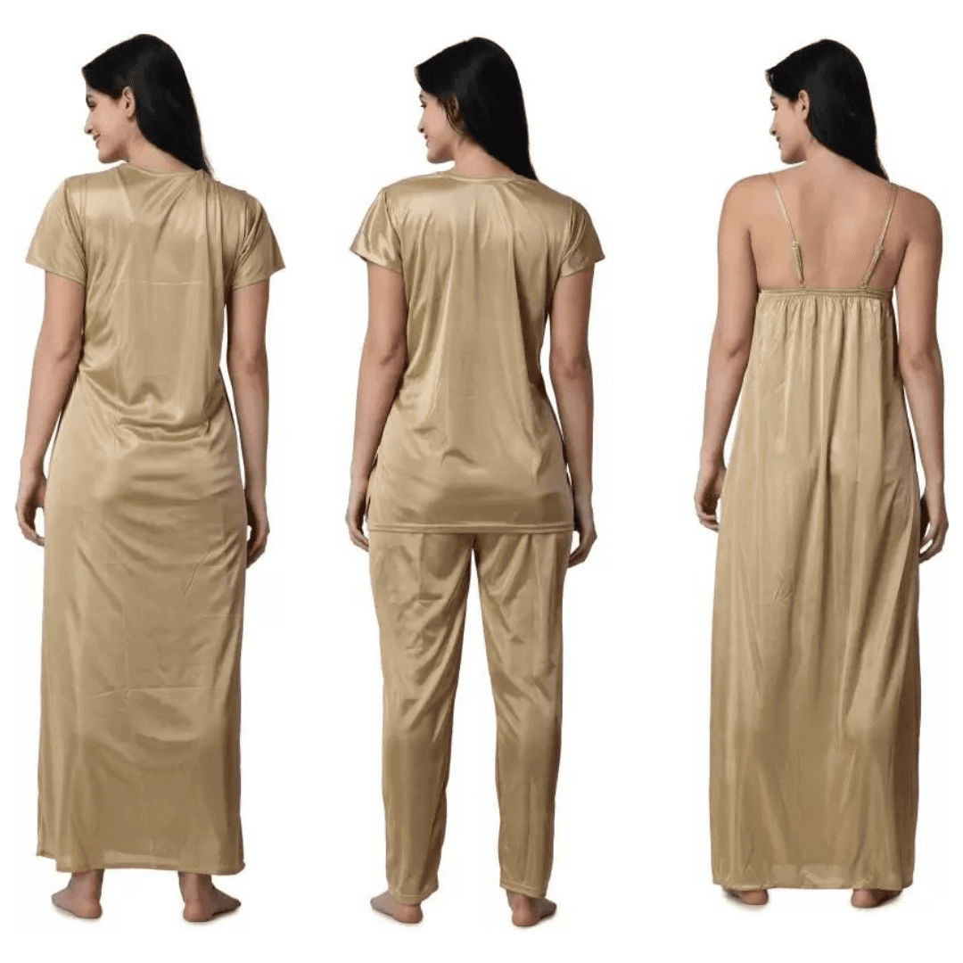 Silk Bridal Nightgown Set Stylish Fancy Bridal Nighty Set For Women Free Size Gold Color (3 set) 1