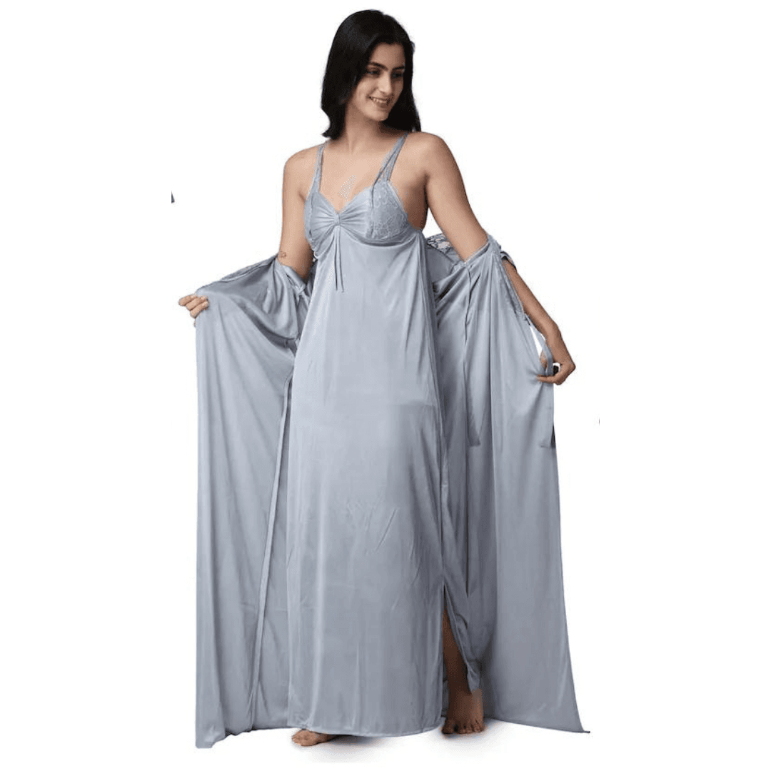 Silk Bridal Nightgown Set Stylish Fancy Bridal Nighty Set For Women Free Size Grey Color (3 set) 2