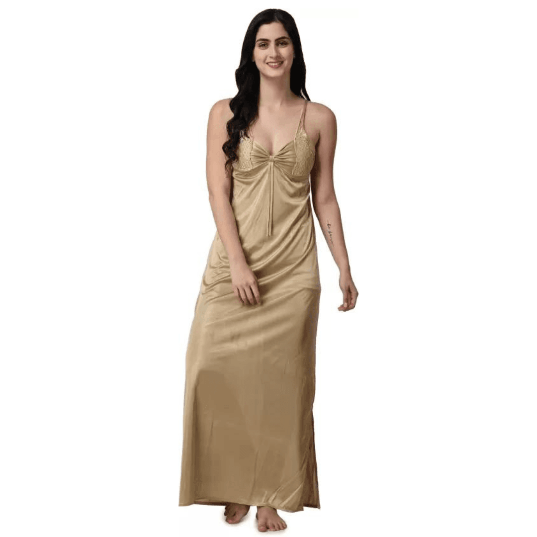 Silk Bridal Nightgown Set Stylish Fancy Bridal Nighty Set For Women Free Size Gold Color (3 set) 4