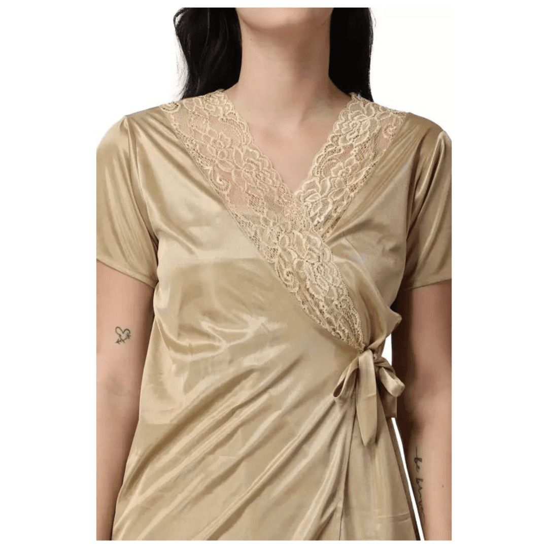 Silk Bridal Nightgown Set Stylish Fancy Bridal Nighty Set For Women Free Size Gold Color (3 set) 6