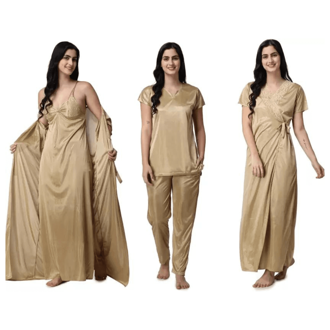 Silk Bridal Nightgown Set Stylish Fancy Bridal Nighty Set For Women Free Size Gold Color (3 set)