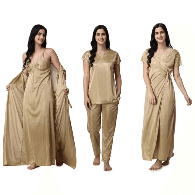 Silk Bridal Nightgown Set Stylish Fancy Bridal Nighty Set For Women Free Size Gold Color (3 set)