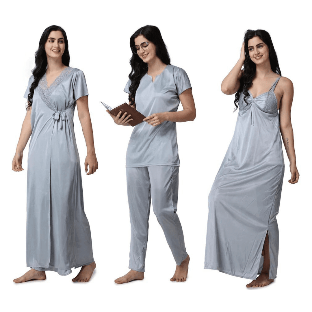 Silk Bridal Nightgown Set Stylish Fancy Bridal Nighty Set For Women Free Size Grey Color (3 set)