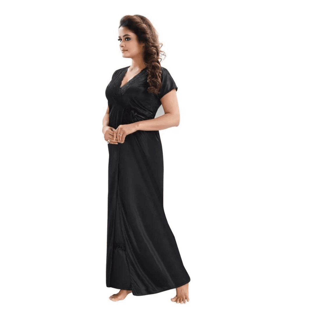 Silk Bridal Nightgown Dhoti  Set Stylish Fancy Bridal Nighty Set For Women Free Size Black Color (4 SET) 3