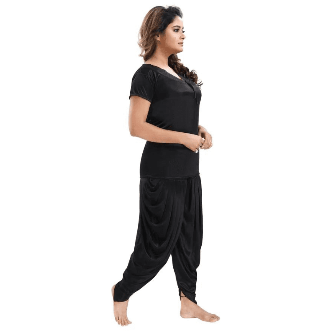 Silk Bridal Nightgown Dhoti  Set Stylish Fancy Bridal Nighty Set For Women Free Size Black Color (4 SET) 2