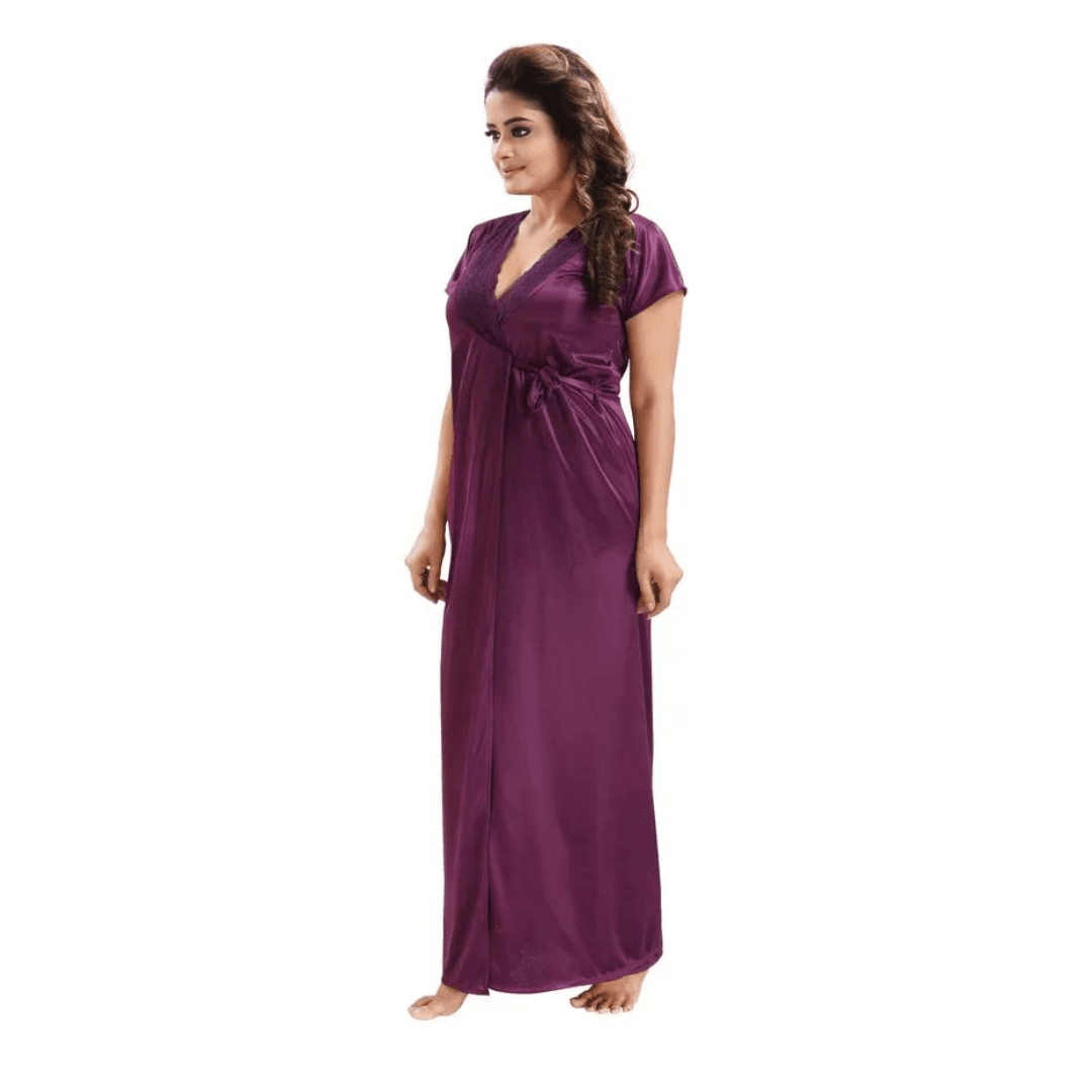 Silk Bridal Nightgown Set Stylish Fancy Bridal Nighty Set For Women Free Size Navy Blue Color (4set) 4