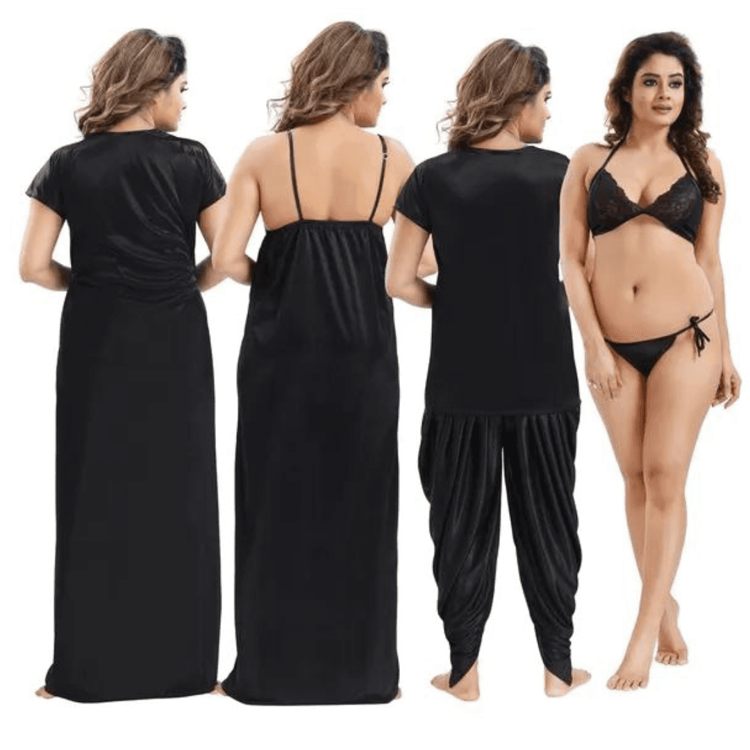 Silk Bridal Nightgown Dhoti  Set Stylish Fancy Bridal Nighty Set For Women Free Size Black Color (4 SET) 1