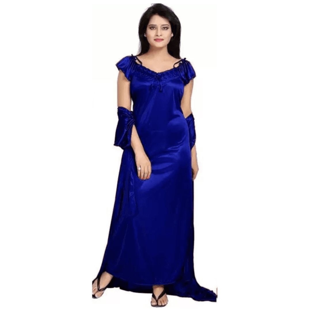 Silk Bridal Nightgown Set Stylish Fancy Bridal Nighty Set For Women Free Size Dark Blue Color (3 set) 3