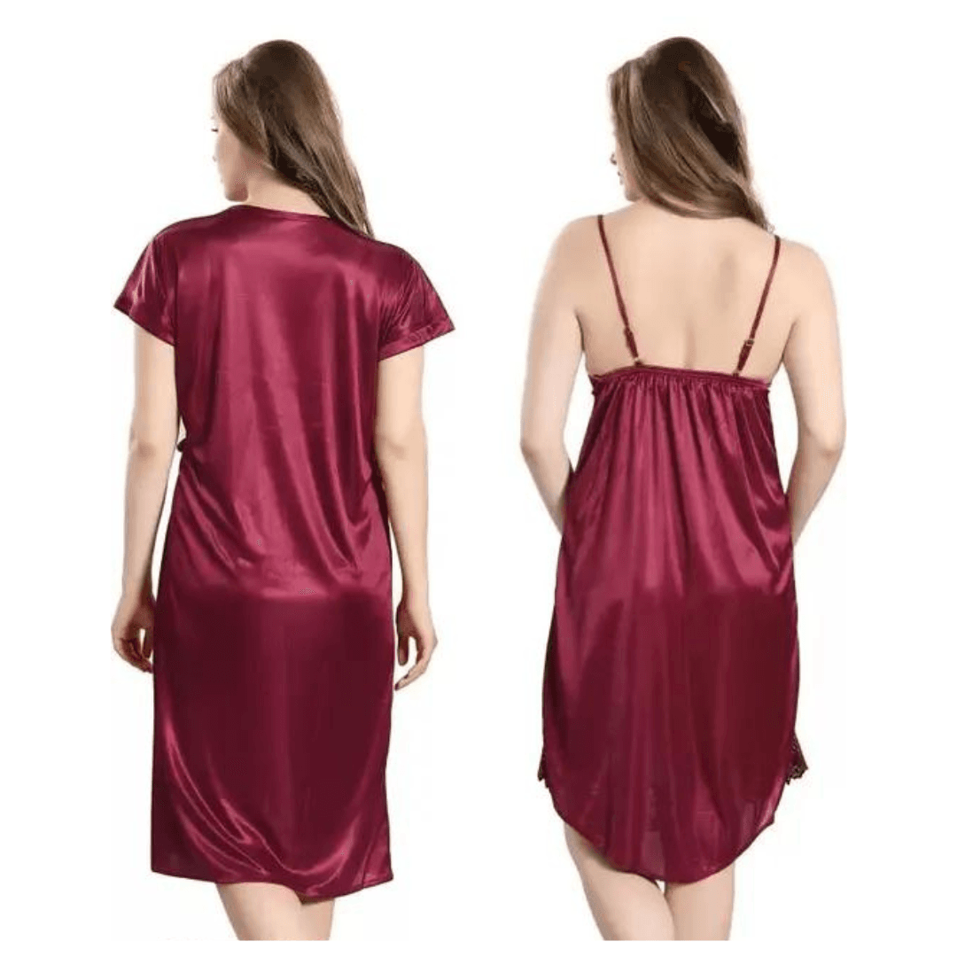 Silk Bridal Nightgown Set Stylish Fancy Bridal Nighty Set For Women Free Size Maroon Color 1
