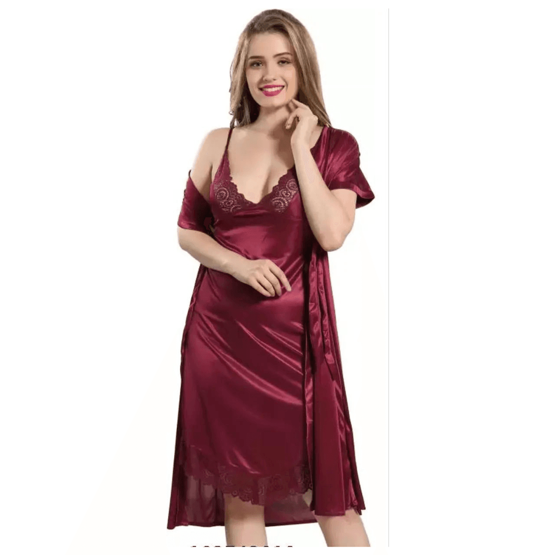 Silk Bridal Nightgown Set Stylish Fancy Bridal Nighty Set For Women Free Size Maroon Color 2