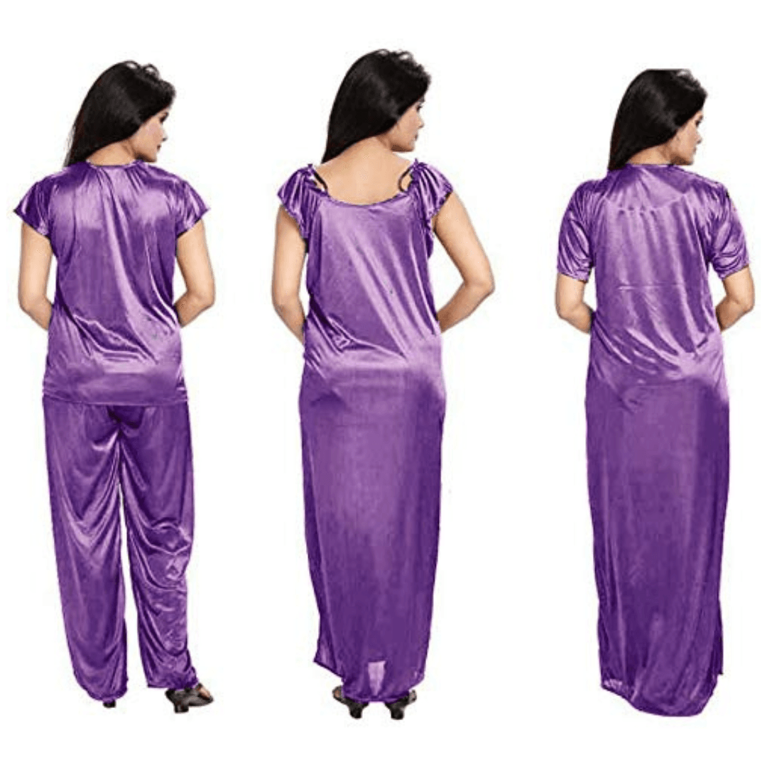 Silk Bridal Nightgown Set Stylish Fancy Bridal Nighty Set For Women Free Size Lavender Color (3 set) 1