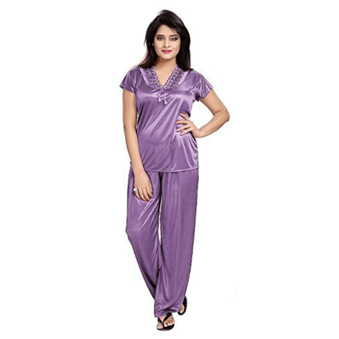 Silk Bridal Nightgown Set Stylish Fancy Bridal Nighty Set For Women Free Size Lavender Color (3 set) 2