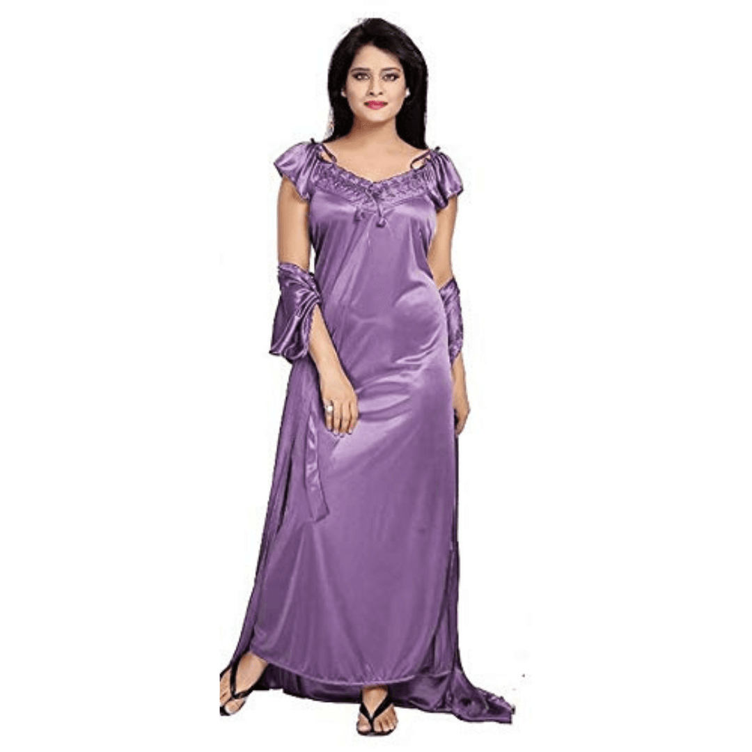 Silk Bridal Nightgown Set Stylish Fancy Bridal Nighty Set For Women Free Size Lavender Color (3 set) 3