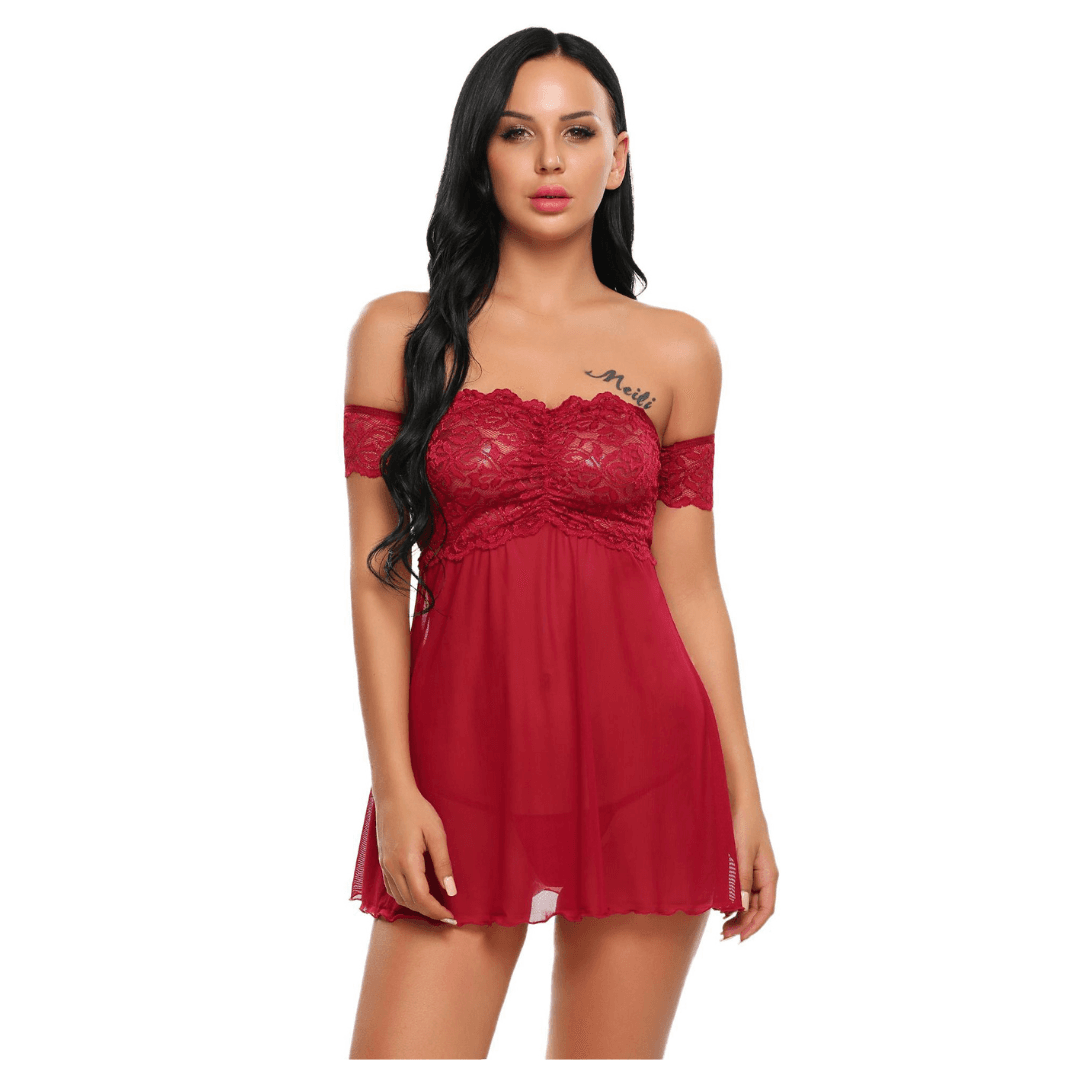Babydoll Lingerie Above Knee Women Lace Net Floral Nightwear With G String Panty Free Size Maroon Color 3