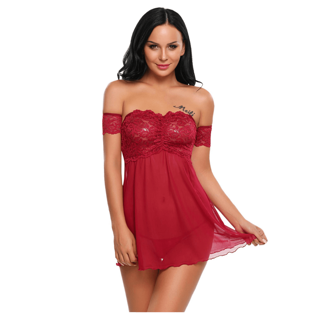 Babydoll Lingerie Above Knee Women Lace Net Floral Nightwear With G String Panty Free Size Maroon Color