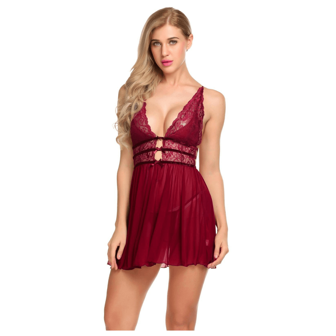 Maroon Babydoll Lingerie Above Knee Lace Net Floral Nightwear With G String Panty For Women 1