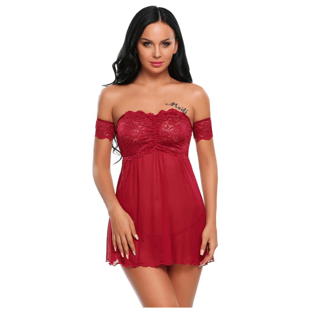 Babydoll Lingerie Above Knee Women Lace Net Floral Nightwear With G String Panty Free Size Maroon Color 1