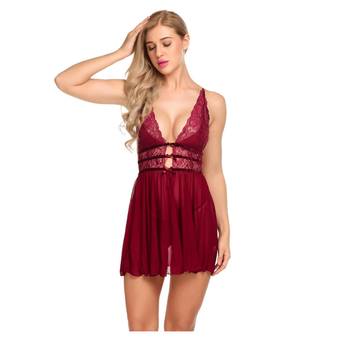 Maroon Babydoll Lingerie Above Knee Lace Net Floral Nightwear With G String Panty For Women 3