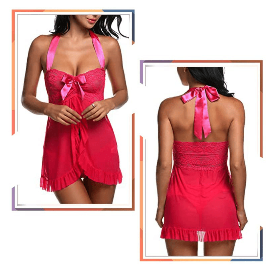 Babydoll Lingerie Above Knee Women Lace Net Floral Nightwear With G String Panty Free Size Pink Color 3