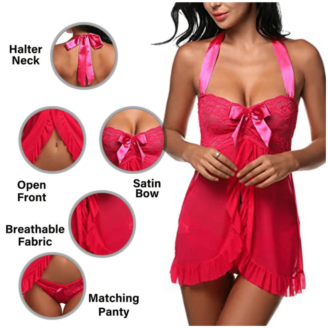 Babydoll Lingerie Above Knee Women Lace Net Floral Nightwear With G String Panty Free Size Pink Color 2