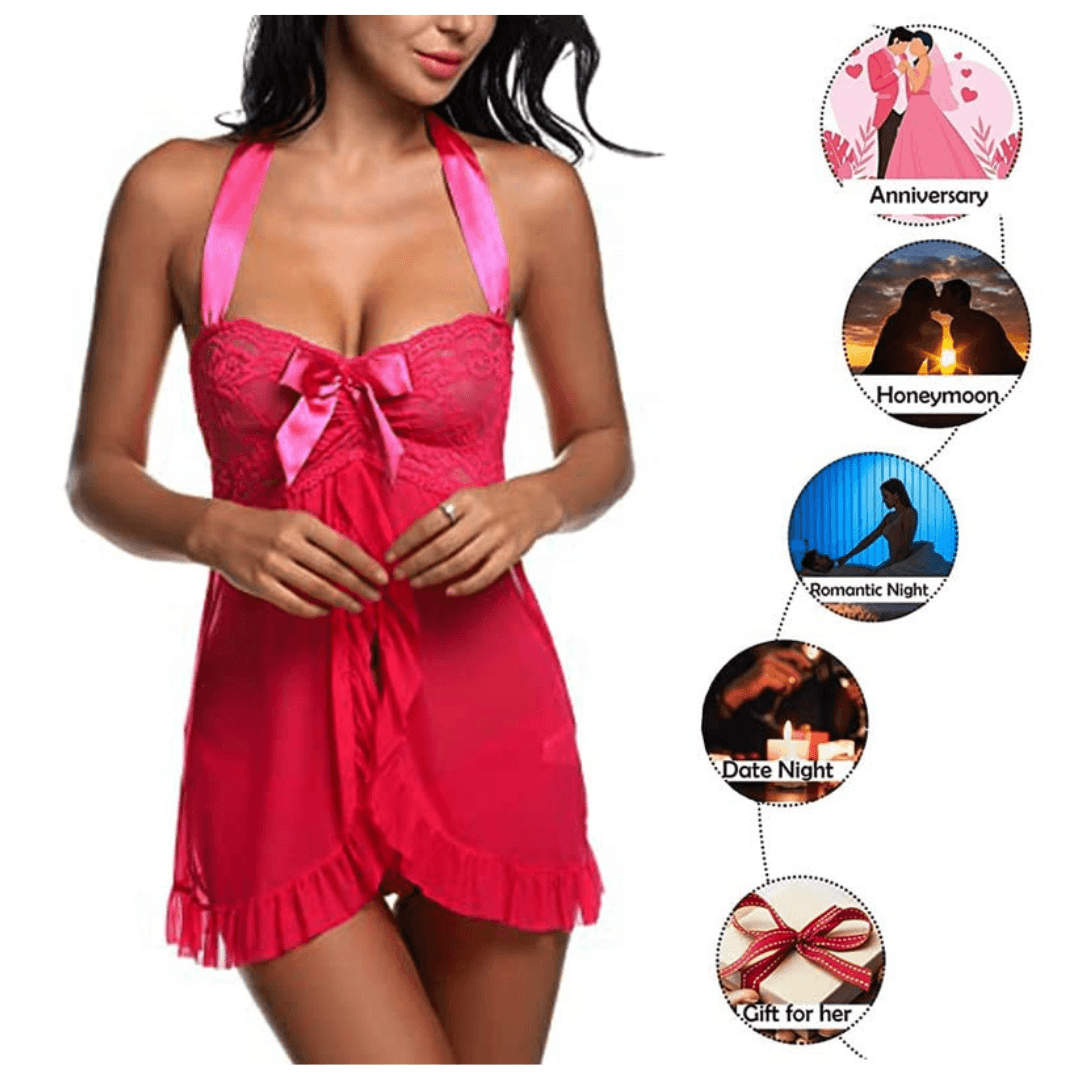 Babydoll Lingerie Above Knee Women Lace Net Floral Nightwear With G String Panty Free Size Pink Color 1