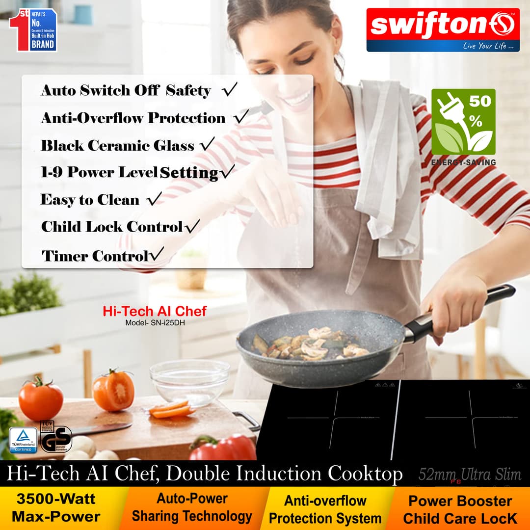 Swifton Double 2 Induction Cooktop Anti Overflow Protection 9 Cooking Power level Power Booster Child Lock Timer SN-i25DH 2