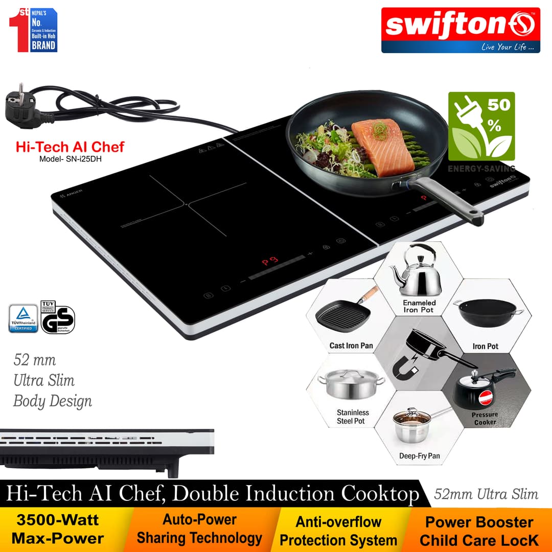 Swifton Double 2 Induction Cooktop Anti Overflow Protection 9 Cooking Power level Power Booster Child Lock Timer SN-i25DH 7