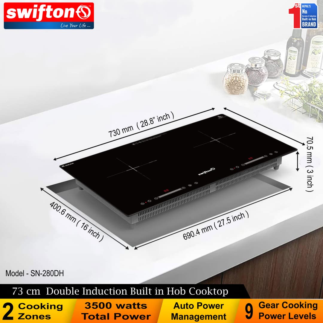 SWIFTON 73 cm Double 2 Induction Built in Hob Cooktop, Ceramic Glass, Child lock, Pause, Timer, SN-280DH 7