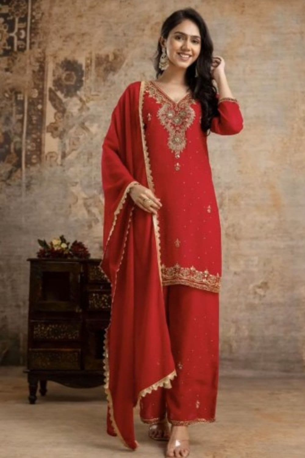FANCY KURTA SET FOR WOMEN, Women's Chanderi Silk Embroidered Straight Kurta with Palazzos and Dupatta