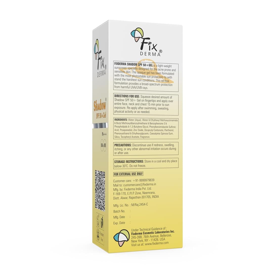 Fix Derma Shadow Sunscreen Gel SPF 50 PA+++ | High-Protection Water-Resistant Sunblock Gel, Broad Spectrum UVA/UVB Protection, Best SPF Sunscreen for Oily & Sensitive Skin, Anti-Tan & Skin Brightening, Non-Greasy, 75g 5