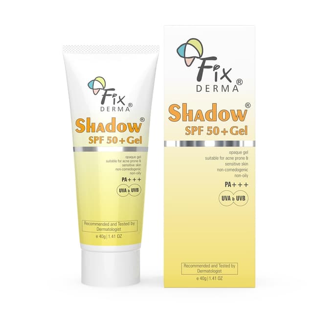 Fix Derma Shadow Sunscreen Gel SPF 50 PA+++ | High-Protection Water-Resistant Sunblock Gel, Broad Spectrum UVA/UVB Protection, Best SPF Sunscreen for Oily & Sensitive Skin, Anti-Tan & Skin Brightening, Non-Greasy, 75g