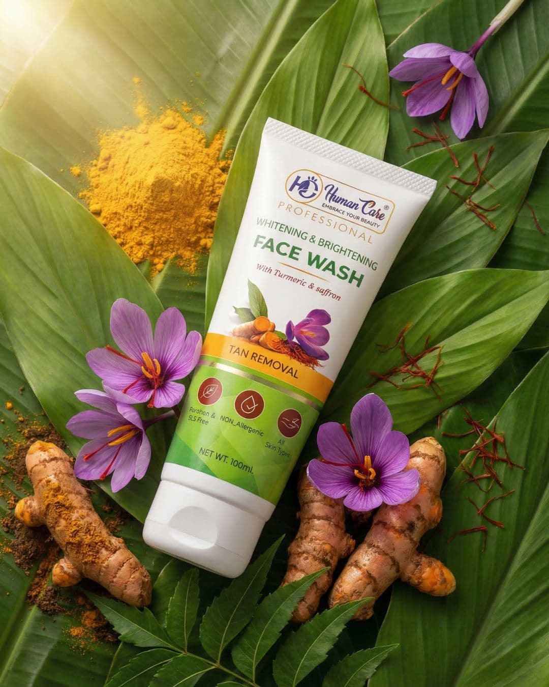 Human Care Professional Whitening & Brightening Face Wash with Turmeric & Saffron – Tan Removal | Paraben & SLS Free | 100ml 3