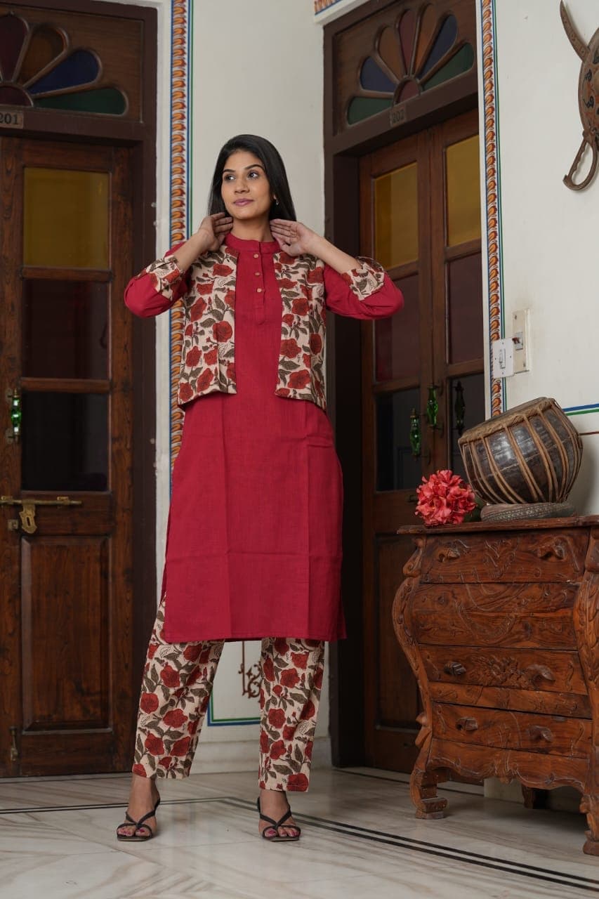 Cotton Kurti With Wastecoat Design Outer Set 1