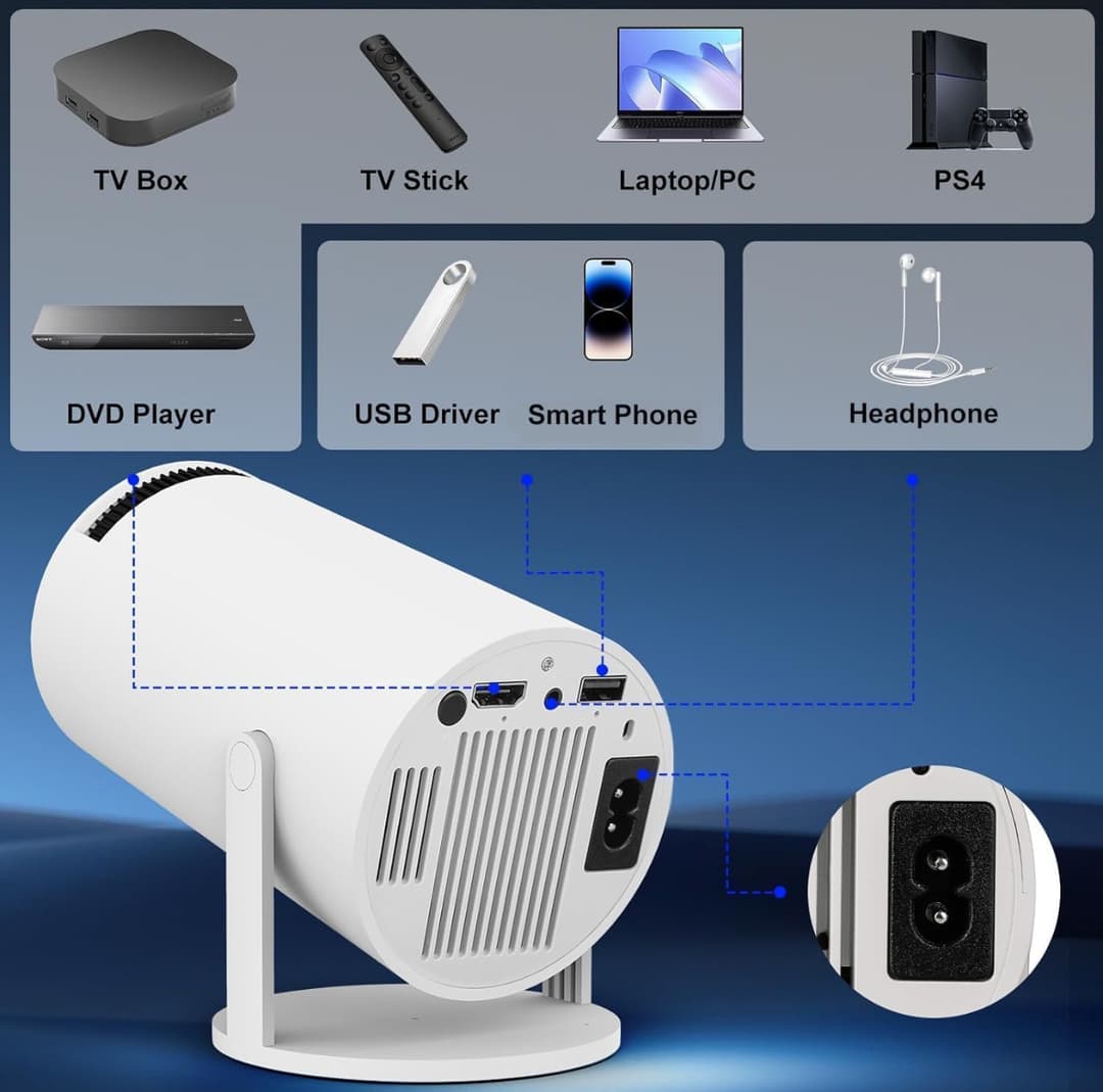Portable Projector, 4K 1080P Full HD Projector, Support Video Projector, WiFi 5G BT 5.0, Cinema Projector 180° Can Be Rotated, Android 11, Compatible with TV Stick/Windows/iOS/Android (White) 5