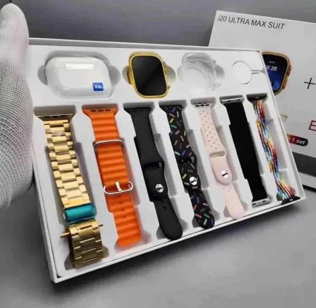10 in 1 Set i20 Ultra MAX Suit SmartWatch + Airpods Pro with Transparent Watch Screen Guard with 7 Straps | HD Display | Bluetooth Calling | Sports Mode 2