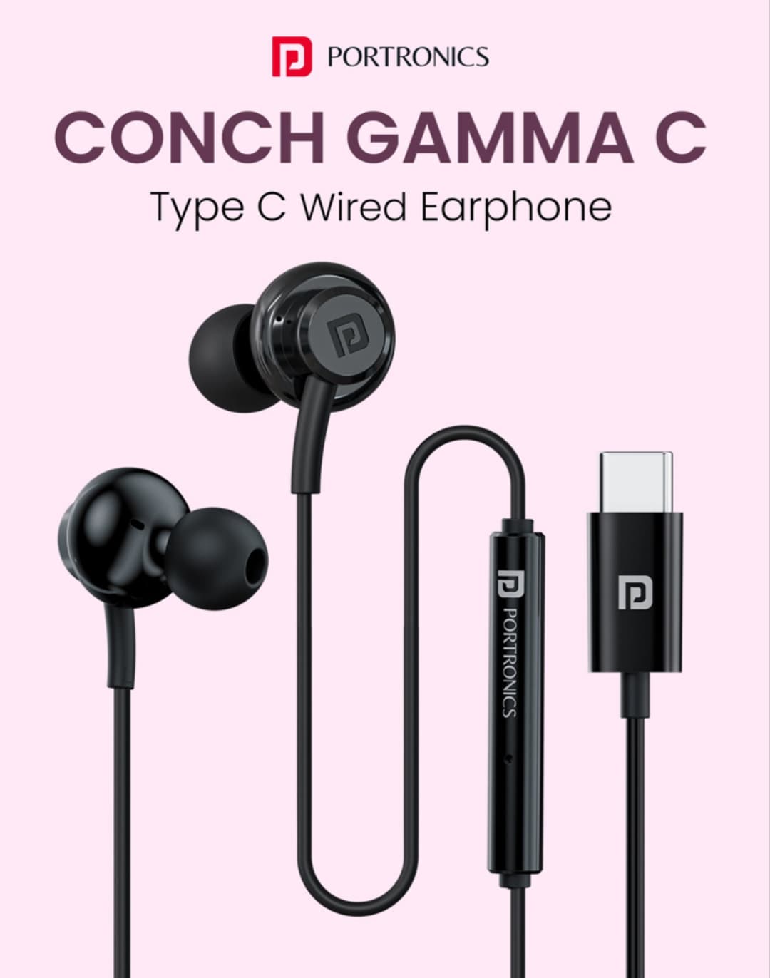 PORTRONICS Type C Earphone | 14.2mm Dynamic Driver | In Line HD Mic | TPE Anti Tangle Material
