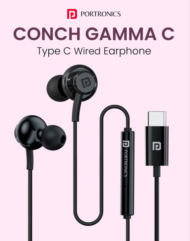 PORTRONICS Type C Earphone | 14.2mm Dynamic Driver | In Line HD Mic | TPE Anti Tangle Material