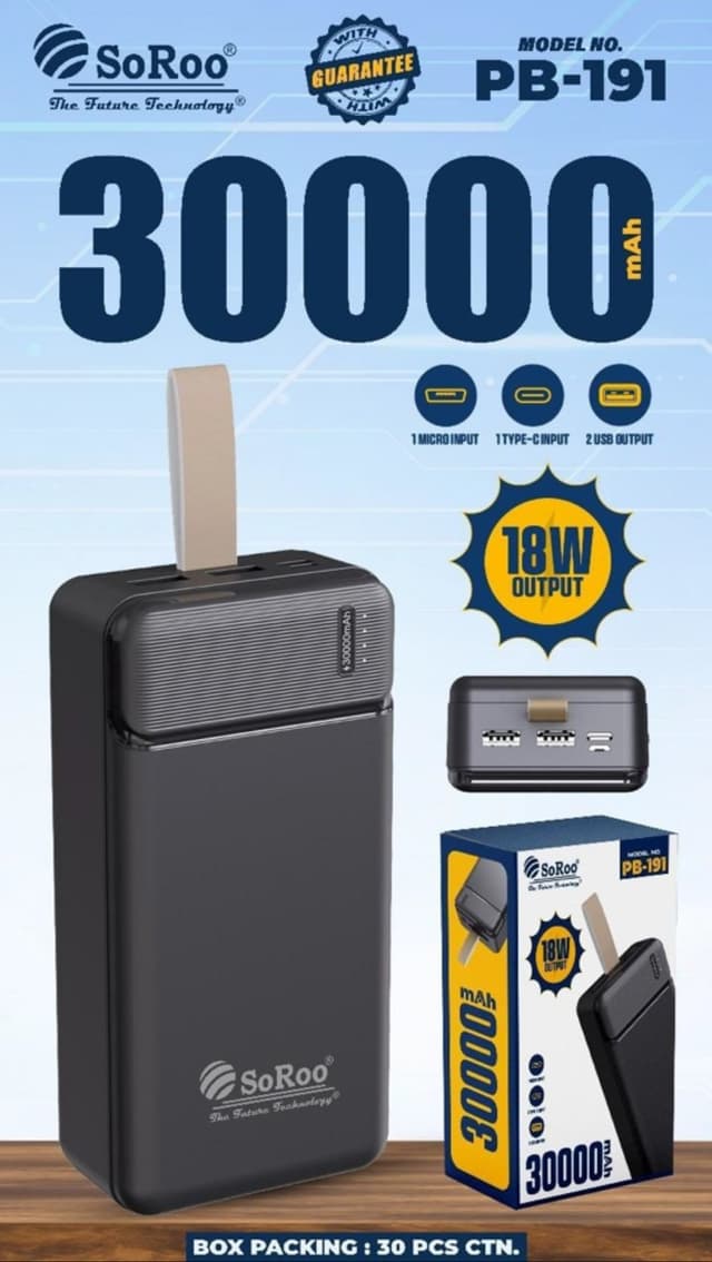 SOROO 30000 Mah Power Bank PB 191 – Fast charging, compact design, and reliable power on the go!