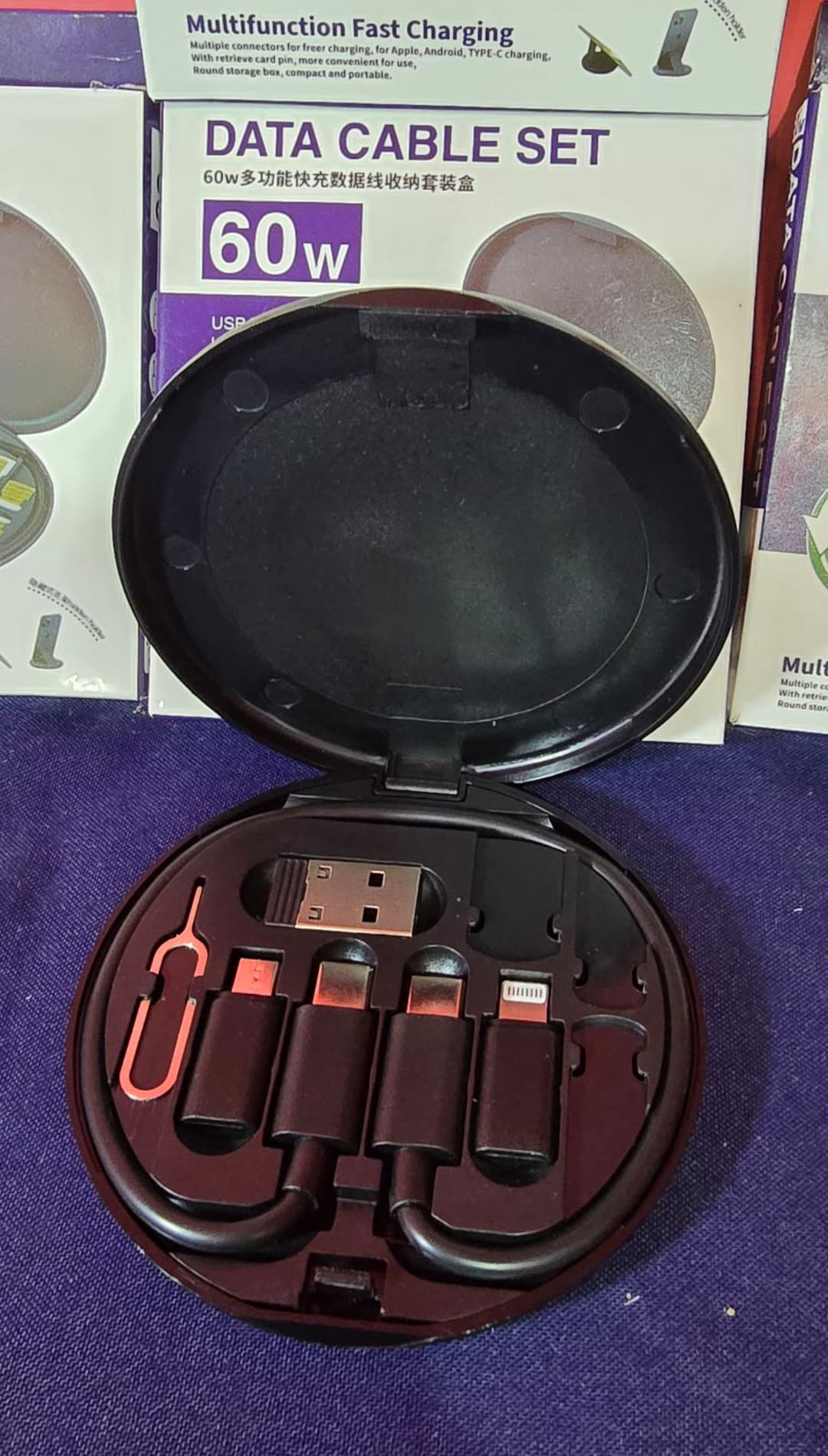 60W Multi Function All in One Quick Charging Data Cable Storage Kit Multiple Connectors Micro iPh C Type USB 3