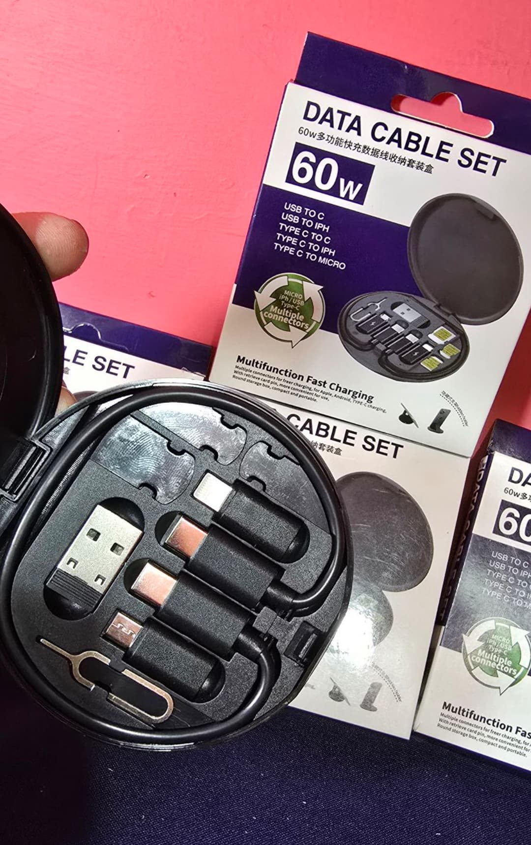60W Multi Function All in One Quick Charging Data Cable Storage Kit Multiple Connectors Micro iPh C Type USB 4