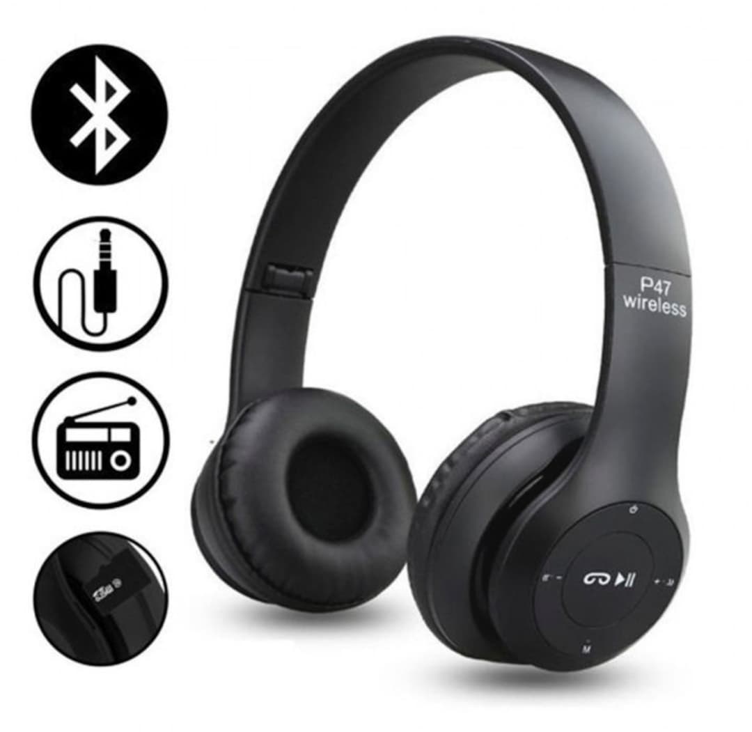 100% Quality Wireless Headphones Over Ear P47 Super Bass 5.1, Volume Control, Bluetooth, Card Support SD, LED Lights, Compatible with Android, Built-in Microphone, FM Radio 1