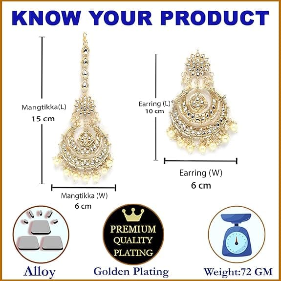 raditional Gold Plated Big Chandbali Kundan & Pearl Earring Set With Maang Tikka for Women 4