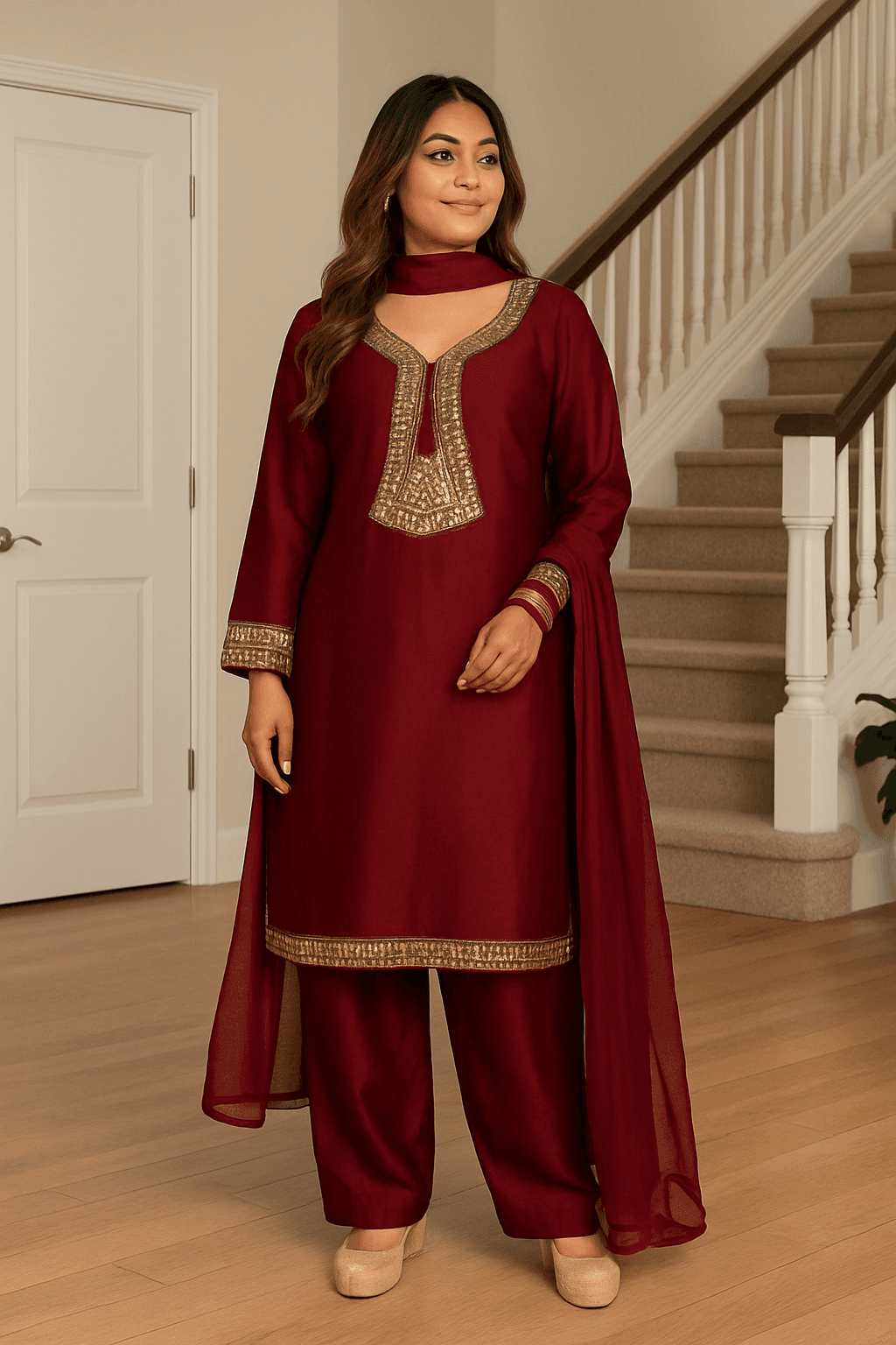 Maroon Silk Embroidered Salwar Kameez with Dupatta  TikTok Viral 1