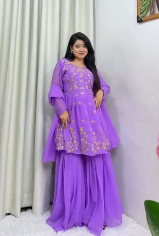 Women's Georgette Party Festival Wear Full Sleeve Latest Stitched Kurta Sharara and Duppata Set