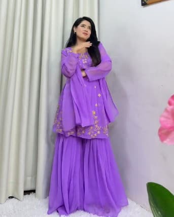 Women's Georgette Party Festival Wear Full Sleeve Latest Stitched Kurta Sharara and Duppata Set 1