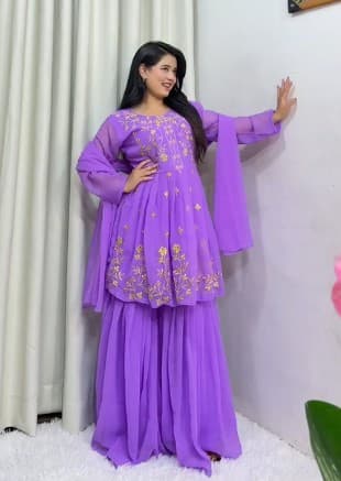 Women's Georgette Party Festival Wear Full Sleeve Latest Stitched Kurta Sharara and Duppata Set 2