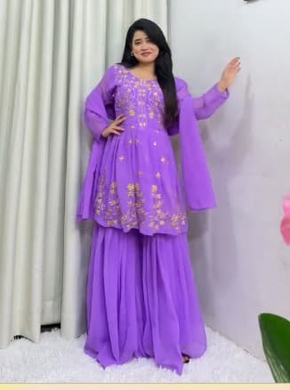 Women's Georgette Party Festival Wear Full Sleeve Latest Stitched Kurta Sharara and Duppata Set 3