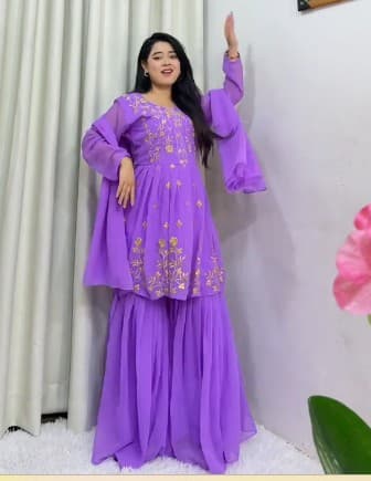 Women's Georgette Party Festival Wear Full Sleeve Latest Stitched Kurta Sharara and Duppata Set 4